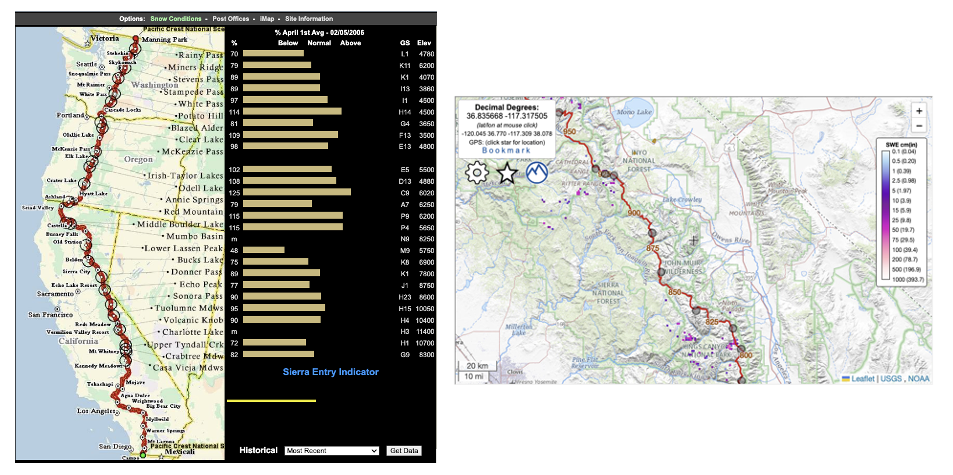 Map showing the 2006 and 2009 comparison of Pacific Crest Trail Snow Conditions Map